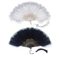 Éventail pliant Lolita de style japonais vintage noir et blanc en dentelle, avec plumes, style antique, pour fête du thé, tendance internet, pour mariage à la plage