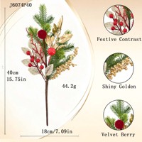 Guirlande de Noël en feuilles de pin dorées et baies de velours rouge, 40 cm (15,75 pouces)