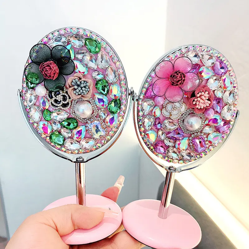 Espelho de mesa DIY criativo com diamantes e camélias para maquiagem, espelho de cristal oval 3D