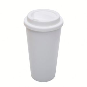 Gobelet à café portable en plastique réutilisable à double paroi isolé, couleur rose, noir, blanc, 16 oz, matériau PP, avec couvercle - Product Image 4