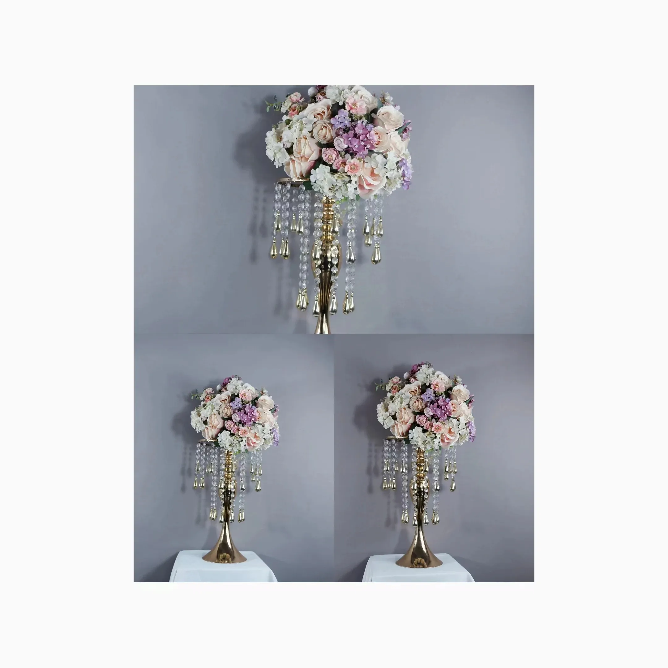 Fashion vas bunga pernikahan, vas klakson logam manik-manik kristal emas dapat digunakan kembali