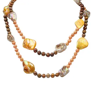 Shell tallone handknot 6-7mm d'acqua dolce coltivate collana di perle lunga catena di fantasia