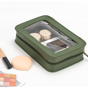 Transparent PVC <b>toiletry</b> bag, travel <b>toiletry</b> bag, square zippered <b>storage</b> bag, PU leather patchwork waterproof cosmetic bag, - Product Image 1