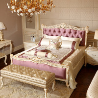 Lit européen de luxe en bois massif sculpté à la main avec tête de lit capitonnée, design royal élégant, taille king, meubles de chambre principale