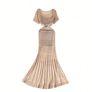 Robe midi décontractée coréenne d'été pour femme en polyester/coton, style empire, avec dentelle ajourée, tricotée, à bretelles spaghetti, manches courtes, imprimé numérique - Product Image 5