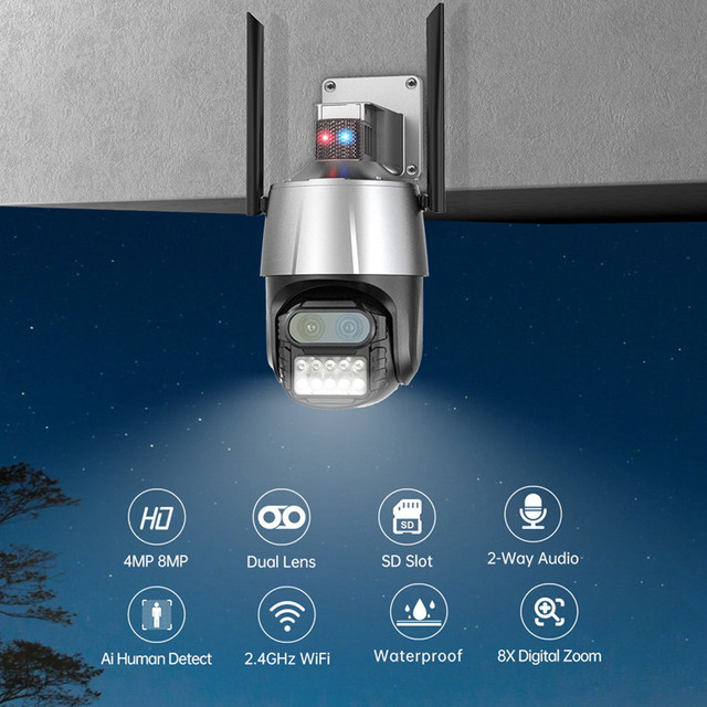 8MP 4K Outdoor Wifi Camera with Anti-theft Siren Alarm Dual Lens 8X Zoom PTZ Speed Dome Camera Ai Human Detection CCTV IP Camera