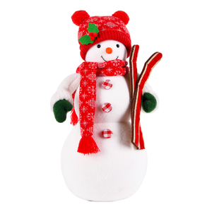 Rustic Sporty Snowman Plushie with Wooden Skis and Fur-Trimmed Red <b>Hat</b> for Ski Lodge <b>Holiday</b> Decor New - Product Image 1