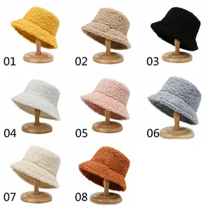 Wholesale Solid Color Lambswool Fisherman Hat Women Warm Fluffy Fuzzy Furry Cap Winter Fur Bucket Hat