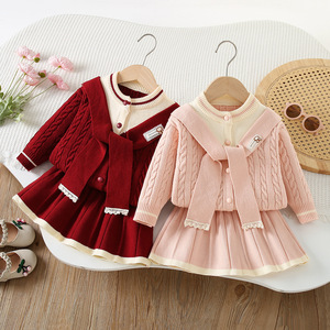 Set Maglione per Bambine, Nuovo Stile Coreano Autunno/Inverno, Cardigan Lavorato a <span class=keywords><strong>Maglia</strong></span> con Mantellina Chic e Gonna in Filato, Set Due Pezzi - Product Image 1