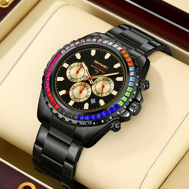 SKMEI 9356 The case is inlaid with crystal stones, full of texture, business style, manufacturers wholesale men's quartz watch