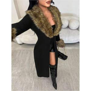 Cardigan long ouvert sur le devant pour femme avec bordure en fourrure – Manteau chaud décontracté pour l'automne et l'hiver - Product Image 4