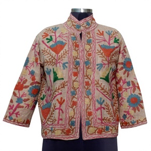 Handmade Breathable Women's Winter Jacket Suzani Embroidery Short Knitted Fabric <b>Coat</b> <b>Robe</b> Style Design Traditional 100% Cotton - Product Image 1