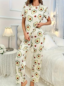 Set <span class=keywords><strong>Pigiama</strong></span> da Donna in Tessuto Morbido e Setoso con Stampa di Avocado, Top a <span class=keywords><strong>Maniche</strong></span> <span class=keywords><strong>Corte</strong></span> e <span class=keywords><strong>Pantaloni</strong></span> <span class=keywords><strong>Lunghi</strong></span>, Traspirante - Product Image 2