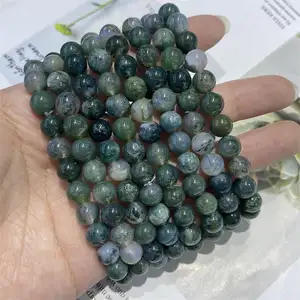 Gran oferta, tallas de cuentas de piedras preciosas de ágata musgo elástica natural de alta calidad, pulseras de cristal verde pulidas hechas a mano para regalos