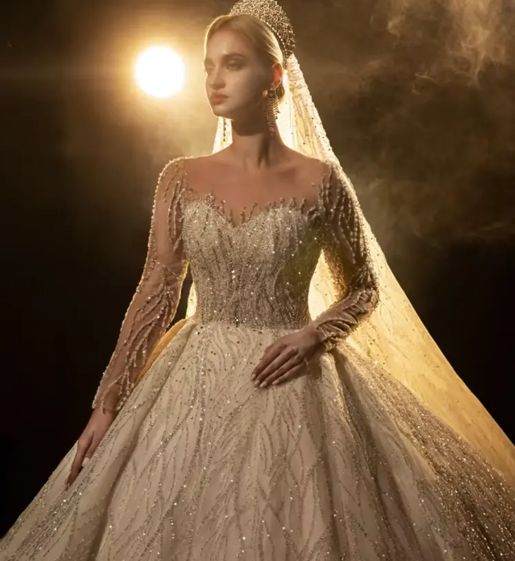 Mới Nhất Phong Cách Chất Lượng Cao Phụ Nữ O-Cổ Dài Tay Áo Long Lanh Vải Tuyn Bridal Bóng Gown Wedding Dress
