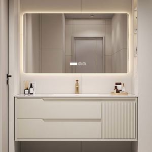 Meuble-lavabo de salle de bain moderne en bois style crème français avec vasque en céramique, finition laquée, miroir LED, design mural - Product Image 5