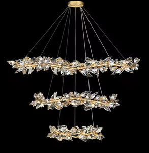 Lustre de luxe d'anneau d'or de mariage de lumière suspendue linéaire en cristal de décoration avec des feuilles - Product Image 1