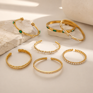 Bracelet en acier inoxydable plaqué or 18 carats avec zircon vert, ajustable, bijoux - Product Image 2