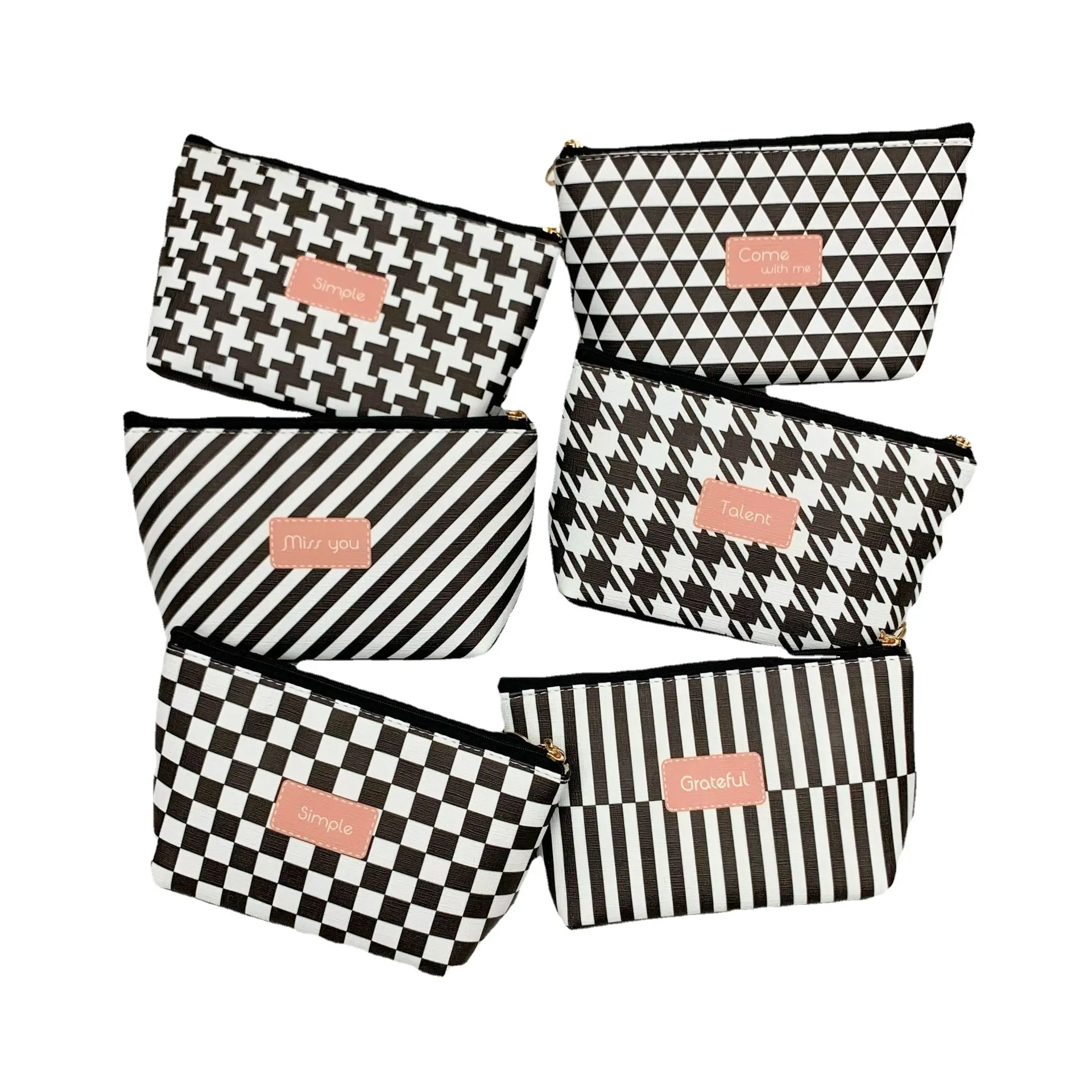 Portable Plaid Cosmetic Bag Pu Printing Large Capacity Simple Storage Wash Bag Striped Pattern Makeup Brush Storage Bag