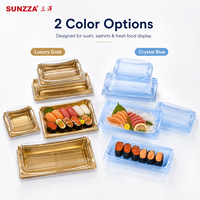 Sunzza Boîte à emporter pour sushis Plateau à sushi en plastique bleu transparent avec couvercle anti-buée Conteneur rectangulaire à emporter pour sashimi