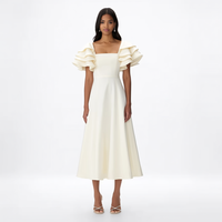 Nuevo Vestido de Fiesta Elegante de Moda para Mujer, Color Blanco Hueso, Cuello Cuadrado, Manga con Volantes, Adorno de Perlas, Corte en A, Crepé, Largo Midi, Personalizado