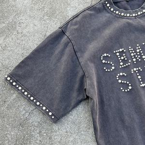 T-shirt oversize en coton lourd de 180 g/m², style streetwear, avec perles et strass, pour homme, lavage à l'acide, coupe ample - Product Image 4