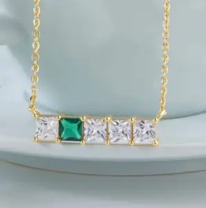 New 925 Sterling Silver Dainty Square Chocolate 14k Gold Plating Emerald Green Cubic Zirconia Cz Necklace For Women Jewelry