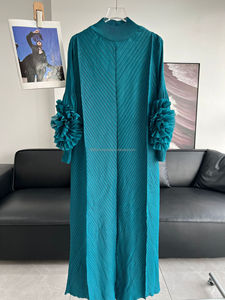 Myake उच्च शरद ऋतु ठोस लंबी आस्तीन हाथ से छप गए फूलों की ढीली पोशाक मुस्लिम महिलाओं के रूढ़िवादी कपड़े - Product Image 4