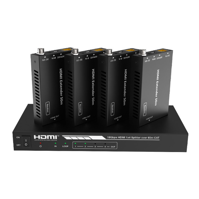 4K60Hz 1x4 HDMI Extender Over CAT6 60Meters 18Gbps 4K 1X4 Splitter Support IR POC Digital and Analog Audio De-embedding