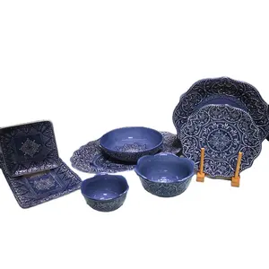 Factory direct blue relief luxury dishes & plates ceramic dinner ware ceramic bowl mugs cups dinner set dinnerware set