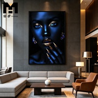 Affiches et impressions HomeDecor, portraits féminins, peinture bleue et dorée, femme africaine de luxe, art mural sur toile avec cadre vertical