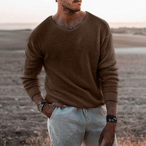 Suéter de punto tipo gofre con cuello en V ancho para hombre, estilo otoño-invierno, con textura de panal, cuello holgado y ribetes acanalados, ajuste ceñido. - Product Image 2