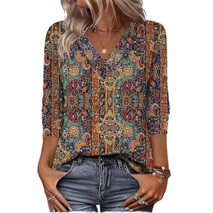 Blusa Retro Bohemia para Mujer, Tejida, Transpirable, Holgada, Informal, Estampada, de Manga Larga, Cuello en V, con Logotipo Frontal, Multicolor, Otoñal - Product Image 3