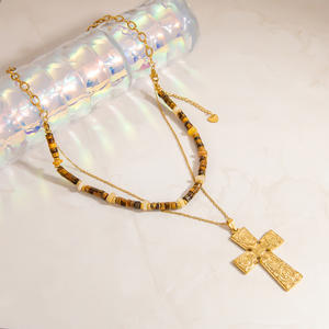 <b>Cross</b> Pendant Necklace Stainless Steel 18K Gold Color Clavicle <b>Chain</b> Instagram Style Natural Stone Jewelry - Product Image 4