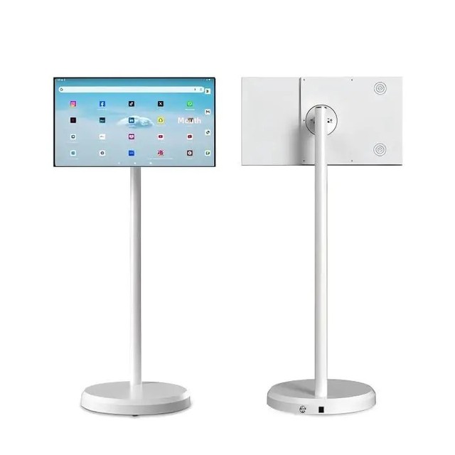 22" LED White Movable Smart TV with Battery Portable Rotatable Touch Screen on Wheels for Home & Kitchen Use