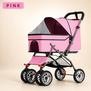 Carrito Plegable Rosa para Mascotas, de Cuatro Ruedas, para Perros y Gatos, con Toldo de Malla y Cesta de Almacenamiento - Product Image 1