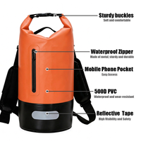 Sac étanche pliable en PVC pour sports de plein air, avec fermeture roll-top et poche avant, disponible en tailles 5L et 20L