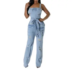 Nieuwkomers Pocket Dames Gat Jeans Rompertjes Cargo Jumpsuits Denim Jumpsuit Vrouwen 2024