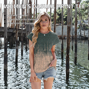 New Women's Summer Casual Short-<b>Sleeved</b> Printed Knitted Anti-Pilling T-Shirt Tops Loose Geometric Neck - Product Image 2