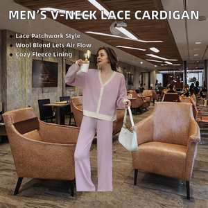 College University Men's V-neck Knitted Fleece <b>Cardigan</b> <b>Sweater</b> Lace Decoration Long Sleeves Patchwork Pattern Winter Season - Product Image 2