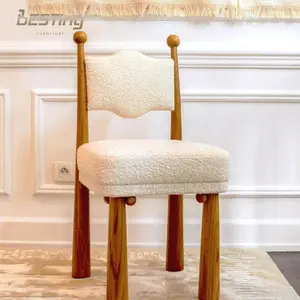 Conjunto de silla de comedor con patas de madera, tela de terciopelo rosa, lana de cordero, respaldo alto, silla de comedor para restaurante y hogar