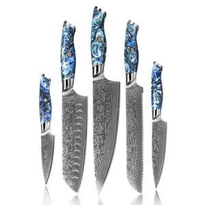 Set pisau dapur Damaskus Jepang kustom profesional set pisau koki