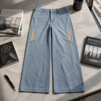 Pantalon en jean vintage rétro automne-printemps, taille haute, délavé, patchwork, brodé, style évasé, 100% coton léger, ODM