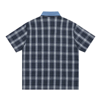 Kemeja Pria Vintage Plaid dengan Kerah Denim, Logo Custom, Lengan Pendek, Kancing Depan, Katun Tebal, Atasan Kasual Pria