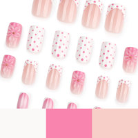 Ongles artificiels minimalistes roses à pois avec motif floral 3D stéréo, réutilisables et amovibles, à presser