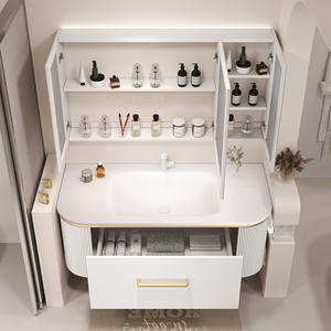 Meubles-lavabos de salle de bain luxueux avec miroir intelligent et grand tiroir, meuble-lavabo suspendu avec bande métallique dorée - Product Image 3