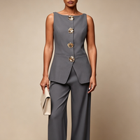 Ensemble élégant pour femme, deux pièces, couleur unie, sans manches, veste boutonnée tissée, pantalon large à taille haute, pour le bureau et les loisirs