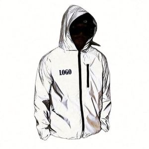 100% Polyester Coated Stand Collar <b>Reflective</b> Hood Zip OEM Custom Logo Wholesale 3M Windbreaker Mens Bomber <b>Jacket</b> - Product Image 1