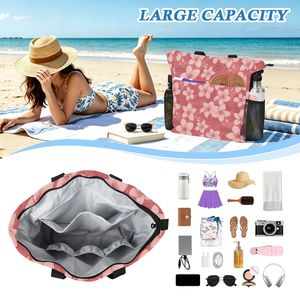 Bolso de playa grande 2 en 1 personalizado con estampado floral rosa, de poliéster, para mujer, con bolsillo frontal, cierre de cremallera y bolsillo de malla. - Product Image 4