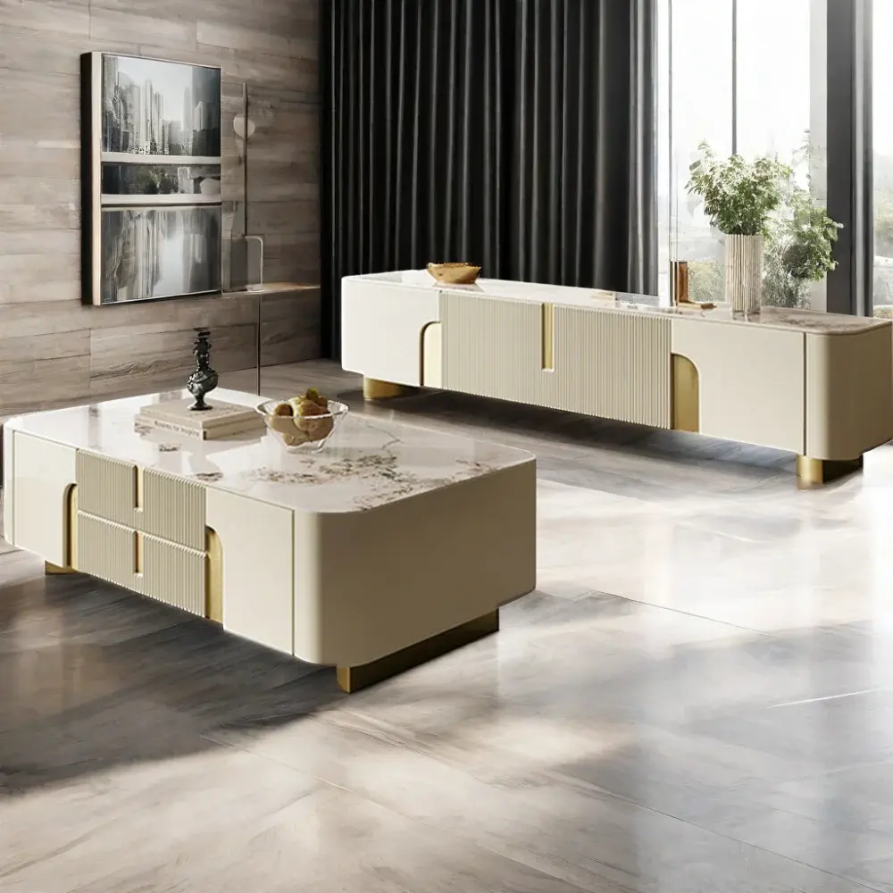 2023 Luxe Tv-Unitkasten Woonkamer Meubels Mdf Moderne Stijl Houten Tv-Kast En Middentafel